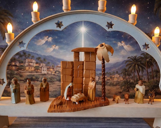 Nativity scene candle arch/candle arch (large) approx. 70 x 50 x 10 cm (L, H, W) with high-quality carved figures. Unique piece/one-of-a-kind/upcycled.