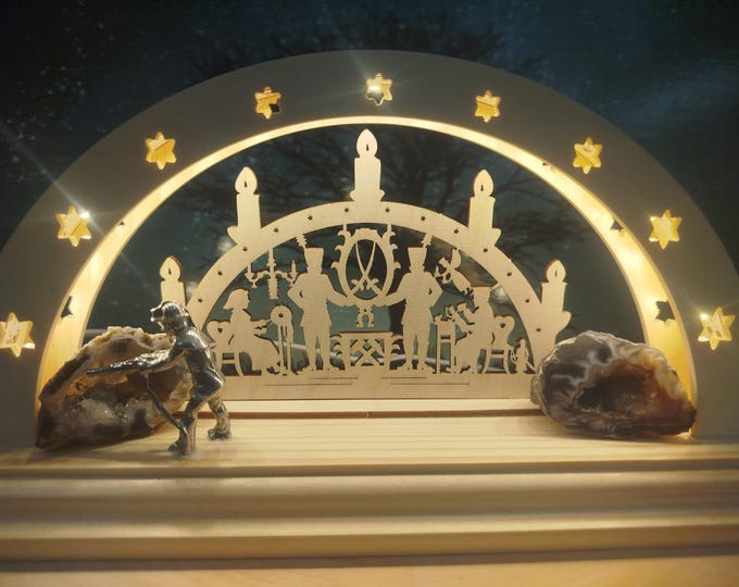 Modern mining-themed candle arch, new, 25 x 12 cm, high quality - produced in Saxony, 3D effect, illuminated with LED strip (1 piece), unique item