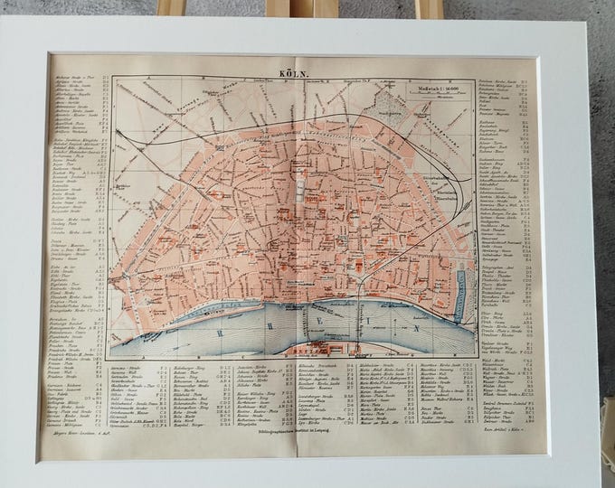 City map of Cologne-antique color print (1890) in passepartout frame for DECORATION, study, hallway, living room, office, noble, antique/rare