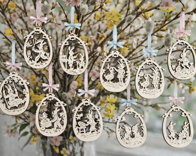 11-piece wooden Easter decoration set - egg-shaped with rabbit motifs - hanging decoration, Easter bouquet (approx. 6 cm) for celebrations, gifts, Easter
