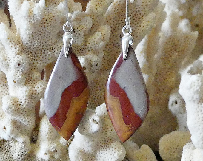 Earrings made of semi-precious stone/gemstone Norrena Jasper- with cabochon cut- with eyelet and pendant made of 925 silver/unique