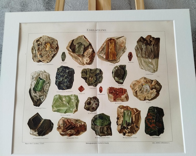 Gemstones antique color print (1890) in passepartout frame for DECORATION, study, hallway, living room, office, noble, antique/rare