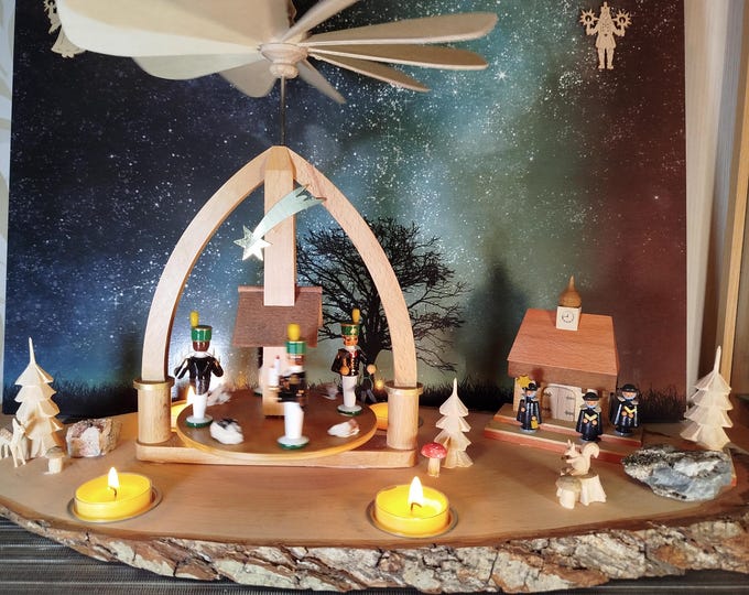 Pyramid tealight (4x) (W 55 cm x H 34 cm) a. Tree disc with Erzgebirge buildings and miners/figures/unique handcraft/upcycling (old-new)