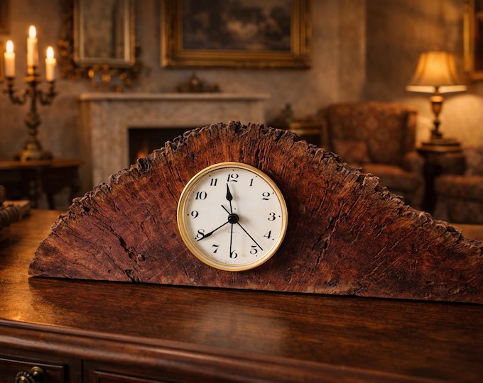 Mantel clock / table clock made of precious wood (eucalyptus) - a handcrafted, unique piece ideal for decoration in the hallway, office, living room, dining room / Gift idea!!!