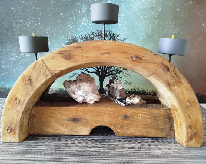 Schwibbogen, candle arch, candle holder, handmade, unique piece from an old transmission wheel, vintage /approx. 25x10x15(18) cm/antique, old, old wood
