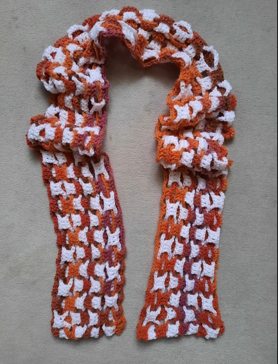 NO AIR NUMBER - Airy crocheted scarf in white-orange tones/length 160 cm width 15 cm //NEW - unique - handmade - unique piece