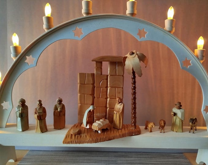 Jesus Birth Candle Arch/Light Arch (large) approx. 70 x 50 x 10 cm (L, H, W) with high-quality carved figures UNIQUE/Single Piece/Upcycling-Old-New