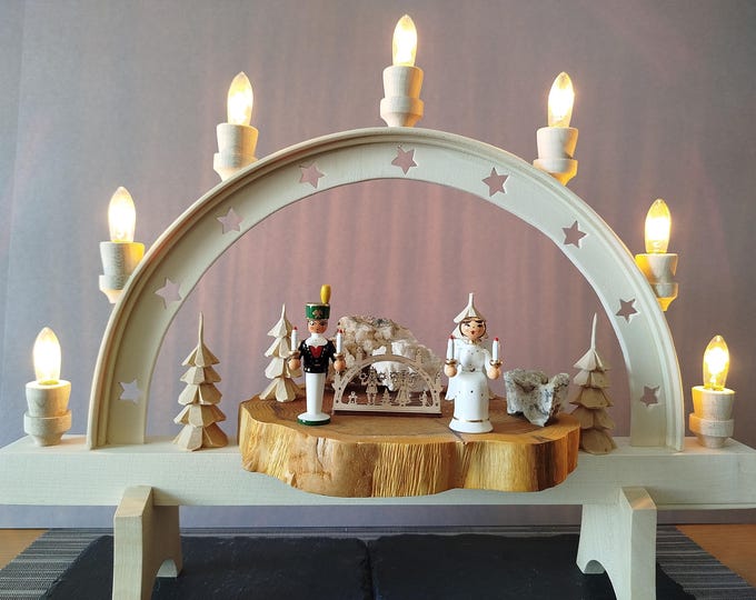 Candle arch/light arch (medium - 41 cm x 35 cm) /meter. Miner and angel from the Erzgebirge/unique/cable with switch
