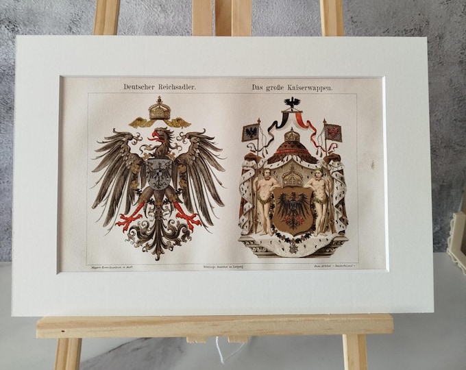 German Imperial Eagle antique color print (1890) in passepartout frame for DECORATION, study, hallway, living room, office, noble, antique/rare/noble
