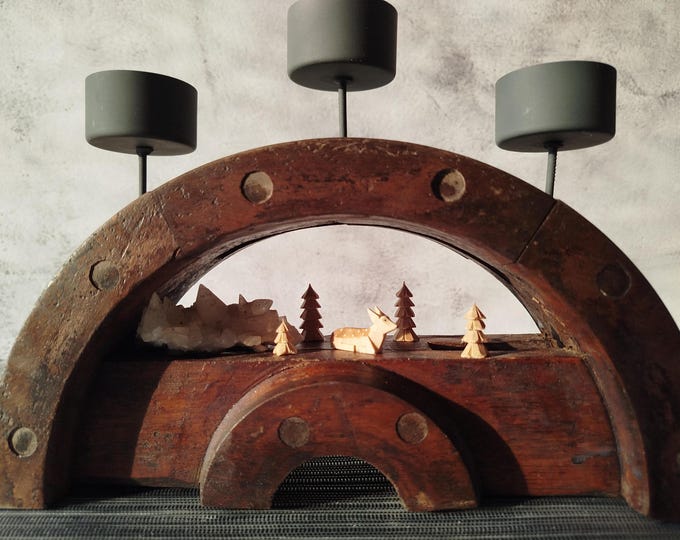 Schwibbogen, candle arch, candle holder, handmade, unique from an old transmission wheel, vintage /25x8x13(18) cm/antique, old, old wood