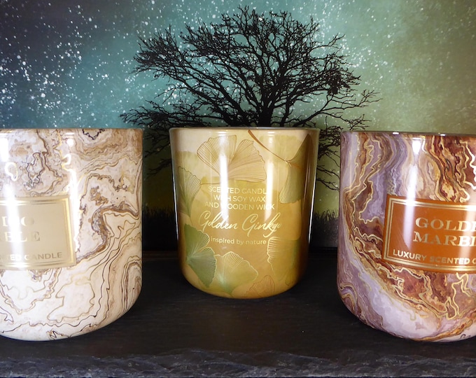 3 pieces of fine scented candles with an intense smell - "Golden Gingo" and "Antico Marble & Golden Marble" - each 150 g in a glass - 8x8x8.5 cm / all year round candle