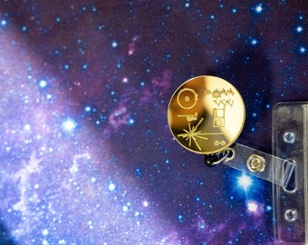 Voyager Golden Record Badge Reel – Retractable ID Holder, NASA Space Gift, Cosmic Explorer Badge for Work, Office & Science Fans JPL Esa