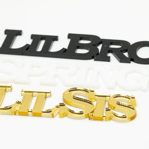 May include: Three sets of acrylic letters spelling out "Lil Bro", "Spring", and "Lil Sis". The letters are black, white, and gold.