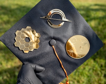 Graduation Space Art for your Grad Hat Cap | Mirrored Acrylic Decor | JWST James Webb Space Telescope Voyager Golden Record Black Hole Gift