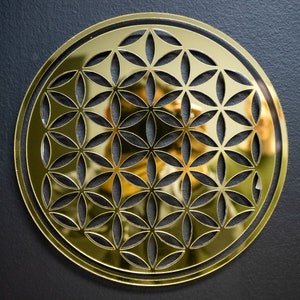 Décoration murale fleur de vie géométrique sacrée dorée miroir | Décoration cadeau symbole spirituel, sagesse ancienne, motif harmonique cercles interconnectés