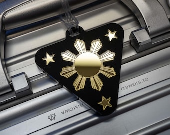 Mirrored Filipino Araw Sun & Stars Luggage Tag – Gold Sun Bag Tag, Pinoy Travel Gift, Philippines Pride Accessory, Balikbayan or OFW Gift