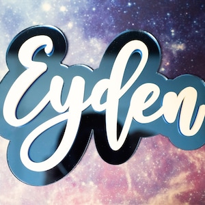 May include: A blue mirror with the name "Eyden" written in white cursive lettering. The mirror is shaped like the name and has a reflective surface.
