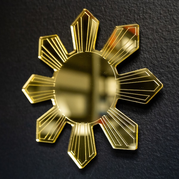 Filipino Sun Mirrored Gold Araw Acrylic Wall Art - Radiant Cultural Decor for Home or Office