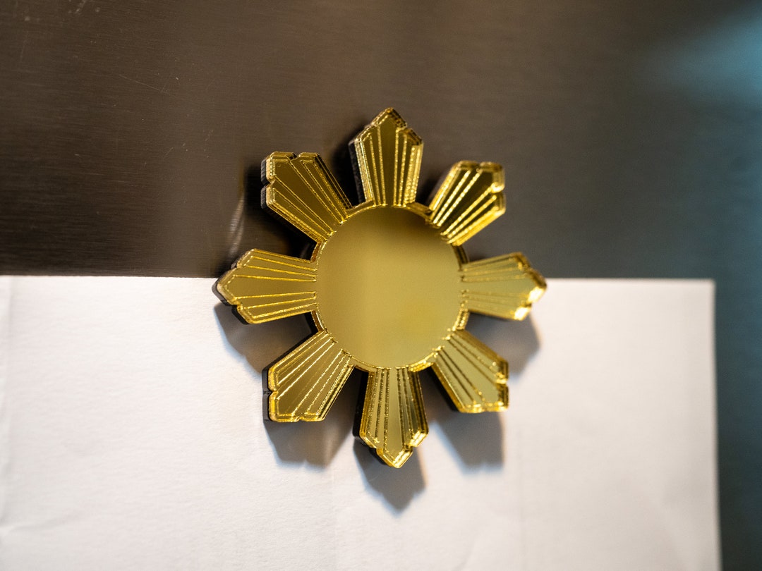Mirrored Gold Filipino Sun Refrigerator Elegant Cultural Decor Acrylic Philippines Golden
