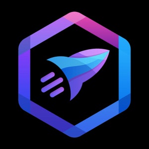 May include: A blue and purple hexagonal icon with a stylized rocket ship in the center. The rocket ship is facing right and has three exhaust flames.