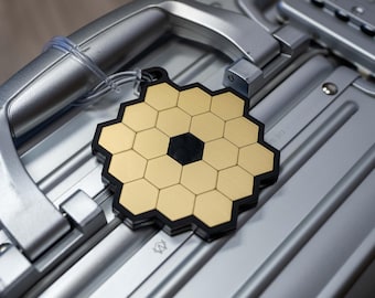 James Webb Space Telescope JWST Luggage Tag – NASA Space Gift, Astronomy Travel Accessory, Geeky Bag Tag, Science Nerd made of metallic gold