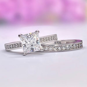 Princess Cut Moissanite Engagement Ring Set: 925 Sterling Silver Wedding Bridal Ring