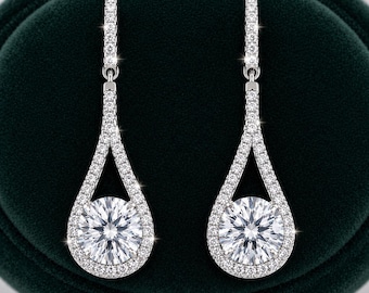 Round Cut 1 Carat VVS  Moissanite Diamond Dangle Drop Earrings 925 Sterling Silver