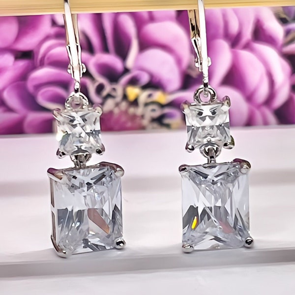 Princess Cut Dangle Earrings 4 Carat Moissanite Diamond Dangle Drop Silver Earrings