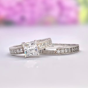 Victorian Princess Cut Moissanite Engagement Ring Set, Sterling Silver
