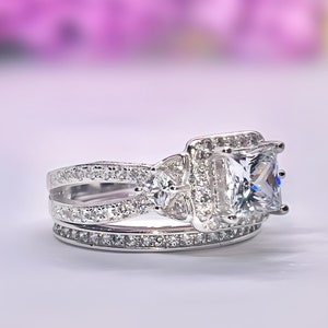 Elegant Princess Cut 1.5 Carat Lab Created Moissanite Diamond Ring Set 925 Sterling Silver Wedding Engagement Ring Set Anniversary Ring