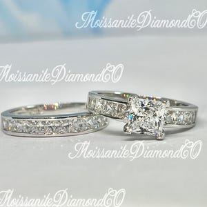 Princess Cut White Sapphire Ring Set: Sterling Silver Engagement Wedding Ring