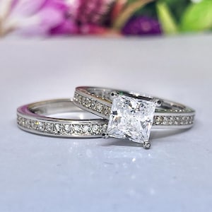 Princess Cut 1.5 Carat Moissanite Ring Set: Sterling Silver Wedding Engagement