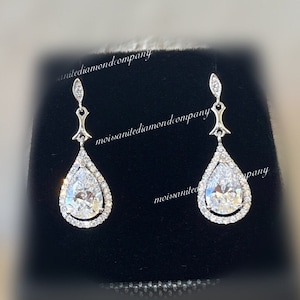 Pear Cut 2 Carat  Moissanite Diamond Vintage Style Dangle 925 Sterling Silver Bridesmaid Earrings Gift Boxed Wedding Earrings For Her