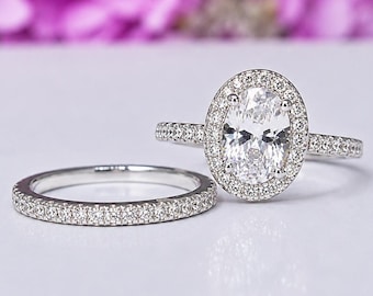 Oval Cut 1.75 ct Moissanite Halo Bridal Ring Set