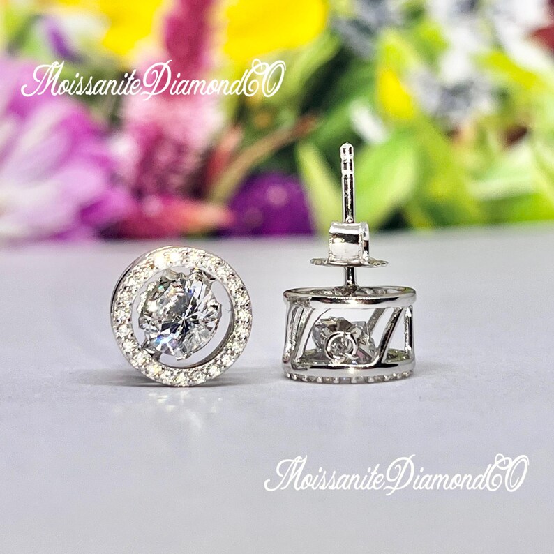 Halo Dancing Moissanite Stud Earrings: 925 Sterling Silver, Bridal Gift image 9