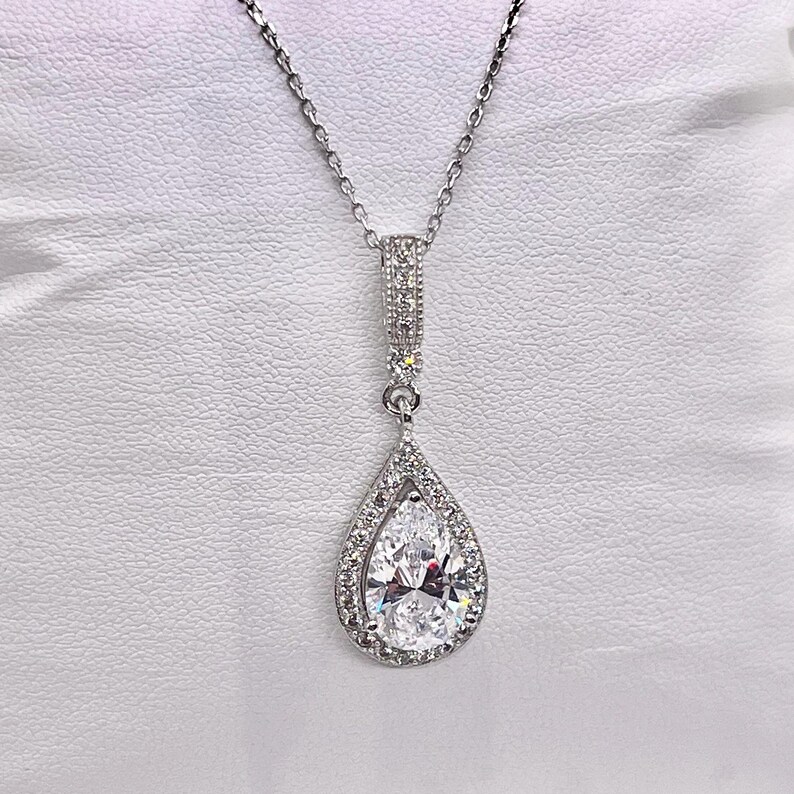 Pear Cut 3 Ct Moissanite Pendant: Sterling Silver Halo Necklace image 9