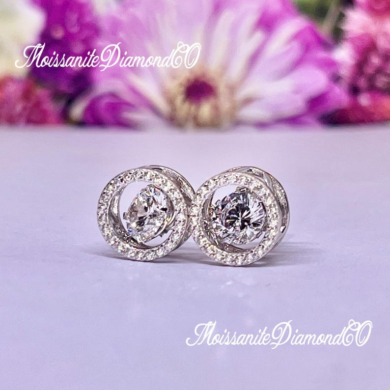 Halo Dancing Moissanite Stud Earrings: 925 Sterling Silver, Bridal Gift image 5