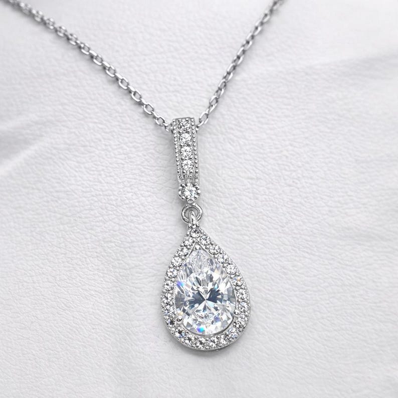 Pear Cut 3 Ct Moissanite Pendant: Sterling Silver Halo Necklace image 1