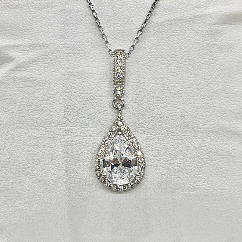 Pear Cut 3 Ct Moissanite Pendant: Sterling Silver Halo Necklace image 11