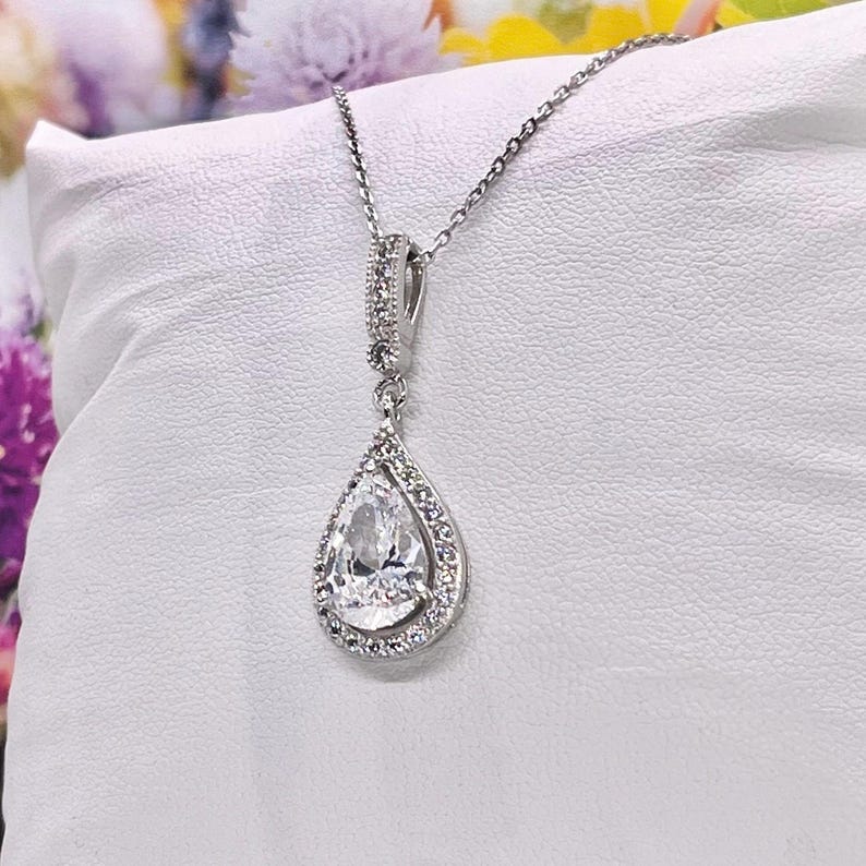 Pear Cut 3 Ct Moissanite Pendant: Sterling Silver Halo Necklace image 10