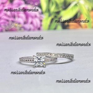 Princess Cut 1.35 Carat Moissanite Ring Set: Sterling Silver Wedding Engagement