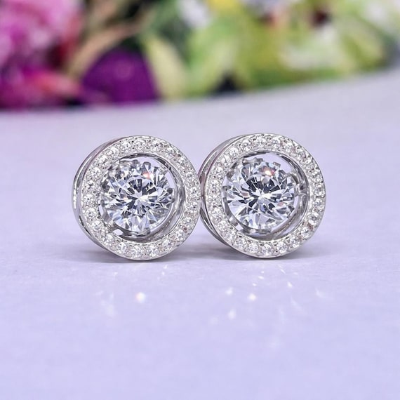 Halo Dancing Moissanite Stud Earrings: 925 Sterling Silver, Bridal Gift