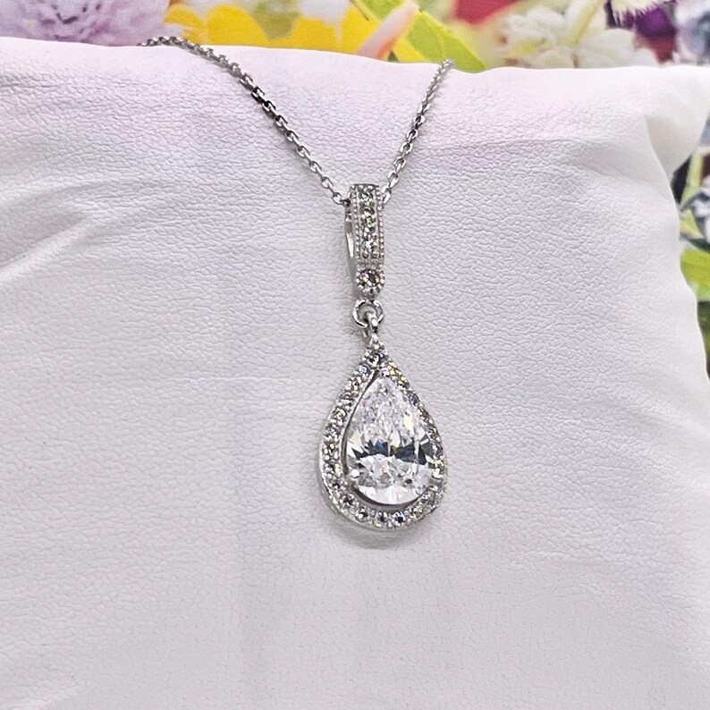 Pear Cut 3 Ct Moissanite Pendant: Sterling Silver Halo Necklace image 7