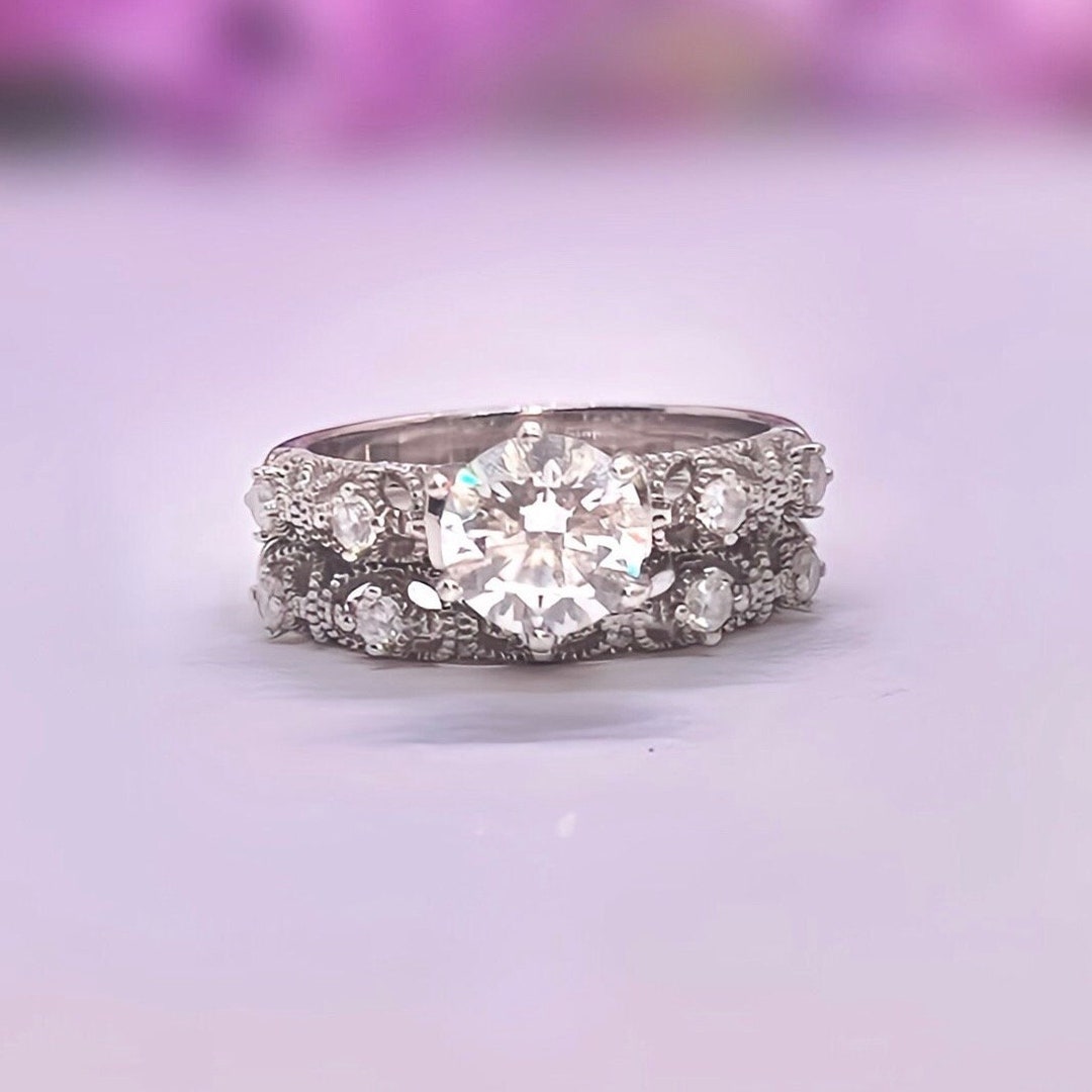 Vintage Style Ring Set Victorian Art Deco 1.25 CT Lab Moissanite