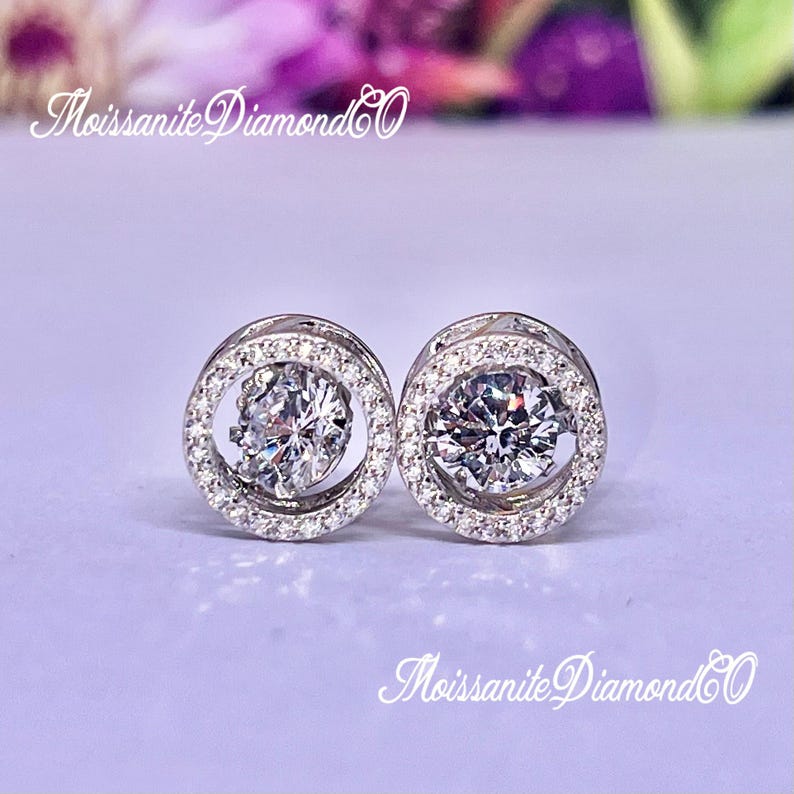 Halo Dancing Moissanite Stud Earrings: 925 Sterling Silver, Bridal Gift image 6