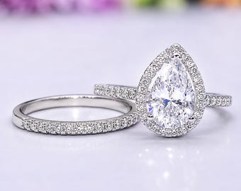 Pear Engagement Ring Set 1.5 Carat : Sterling Silver