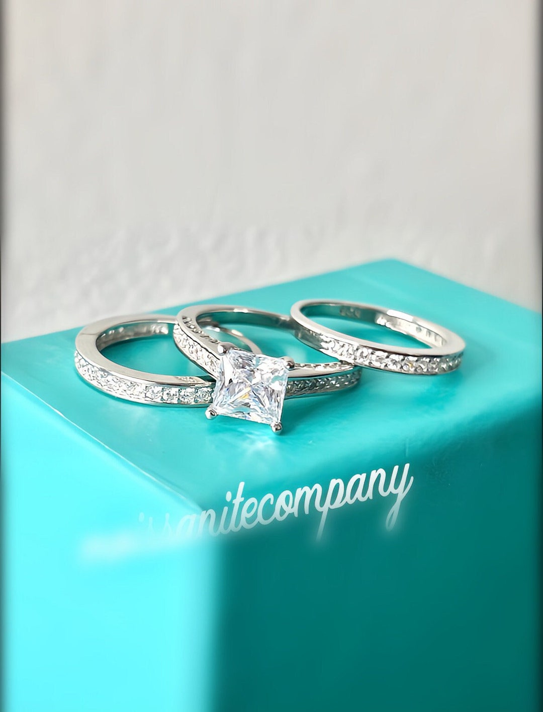 Triple Engagement Ring Set 2 Carat Moissanite Diamond Princess Cut 3