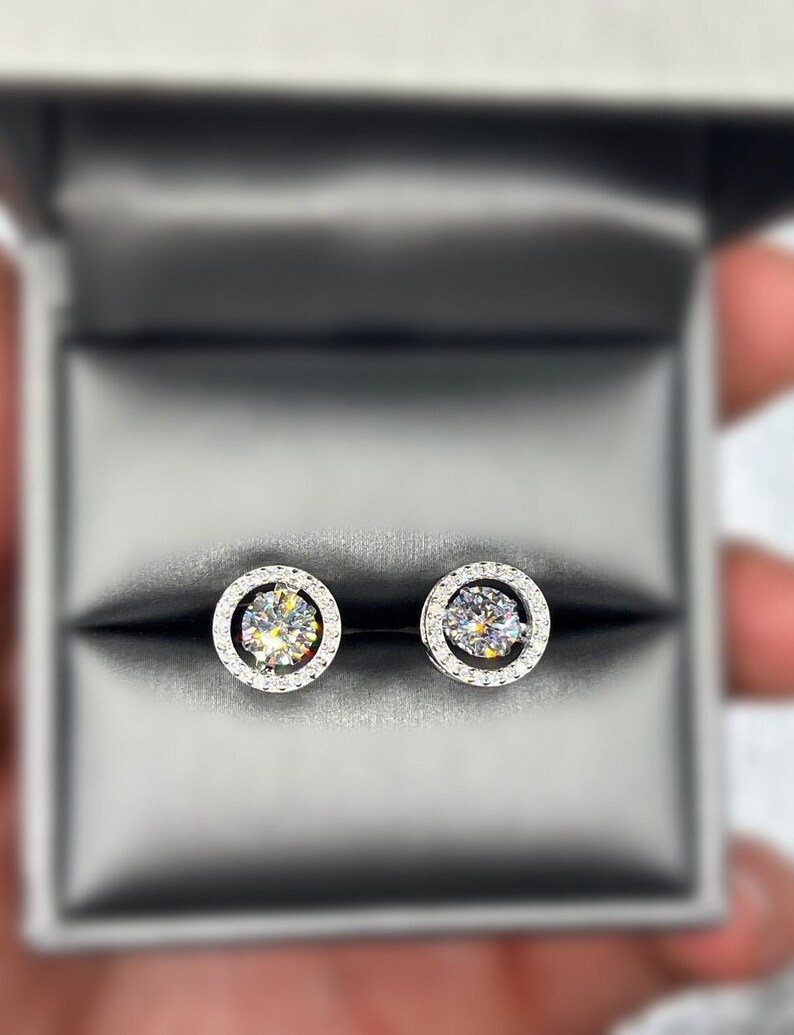 Halo Dancing Moissanite Stud Earrings: 925 Sterling Silver, Bridal Gift image 3