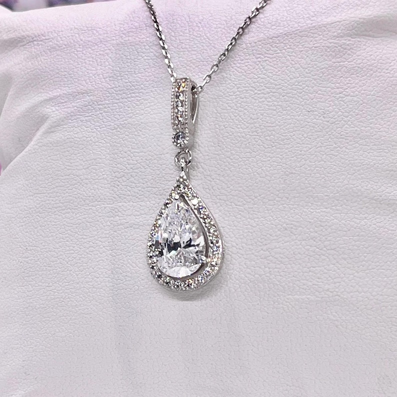 Pear Cut 3 Ct Moissanite Pendant: Sterling Silver Halo Necklace image 3