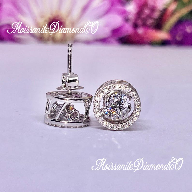 Halo Dancing Moissanite Stud Earrings: 925 Sterling Silver, Bridal Gift image 4
